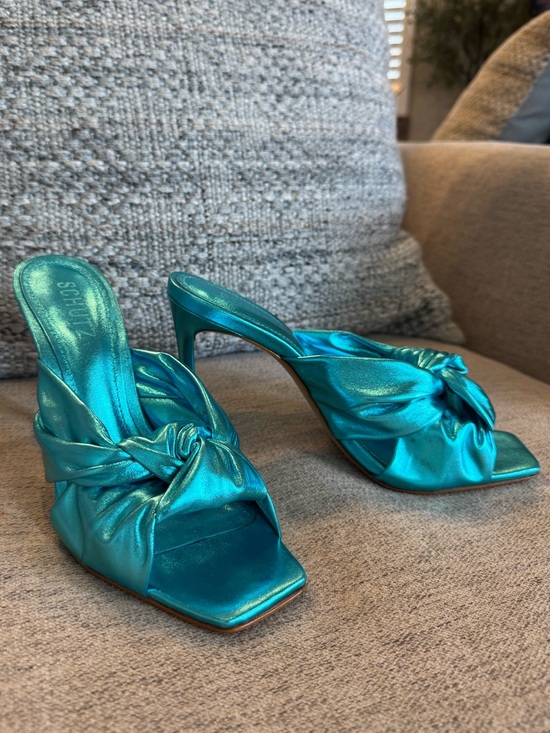 SCHUTZ Shoes - SCHUTZ Metallic Teal Knot-Front Mule Heels